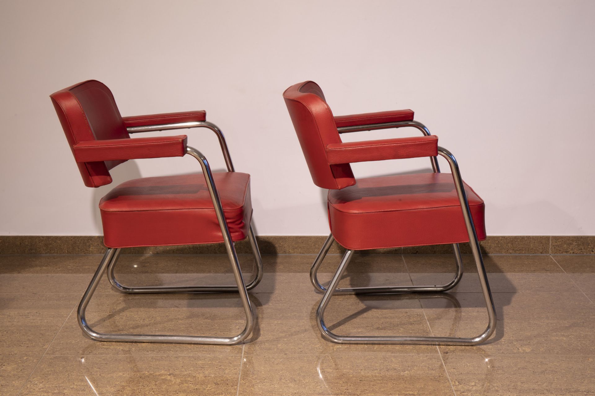 A pair of skai leather design seats, 20th C. - Image 3 of 7