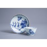 A Chinese blue and white 'Dames au Parasol' cup and saucer after Cornelis Pronk, Qianlong