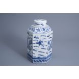 A Chinese hexagonal blue and white jar and cover with dragons, Kangxi mark, 19th C.