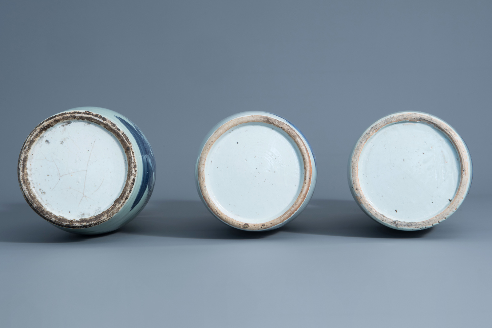 Three Chinese blue and white celadon vases with birds on a branch, 19th C. - Image 6 of 6