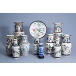A varied collection of Chinese Nanking crackle glazed famille rose and blue and white porcelain, 19t