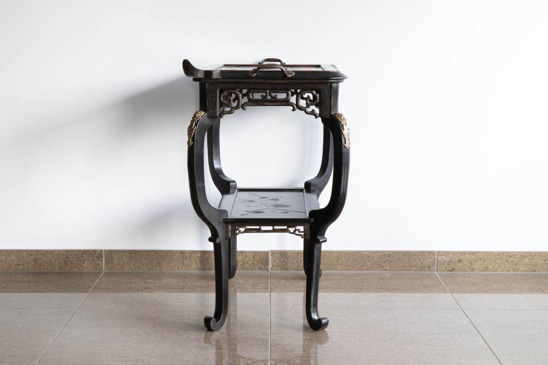 Gabriel Viardot (1830-1906) and/or workshop: A bronze mounted wooden Japonism side table with mother - Image 4 of 9