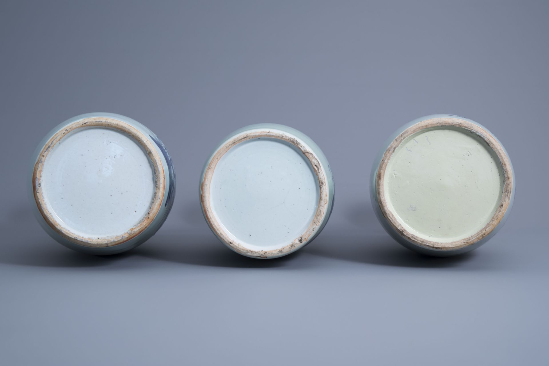 Three various Chinese blue and white celadon ground vases, 19th C. - Image 6 of 6
