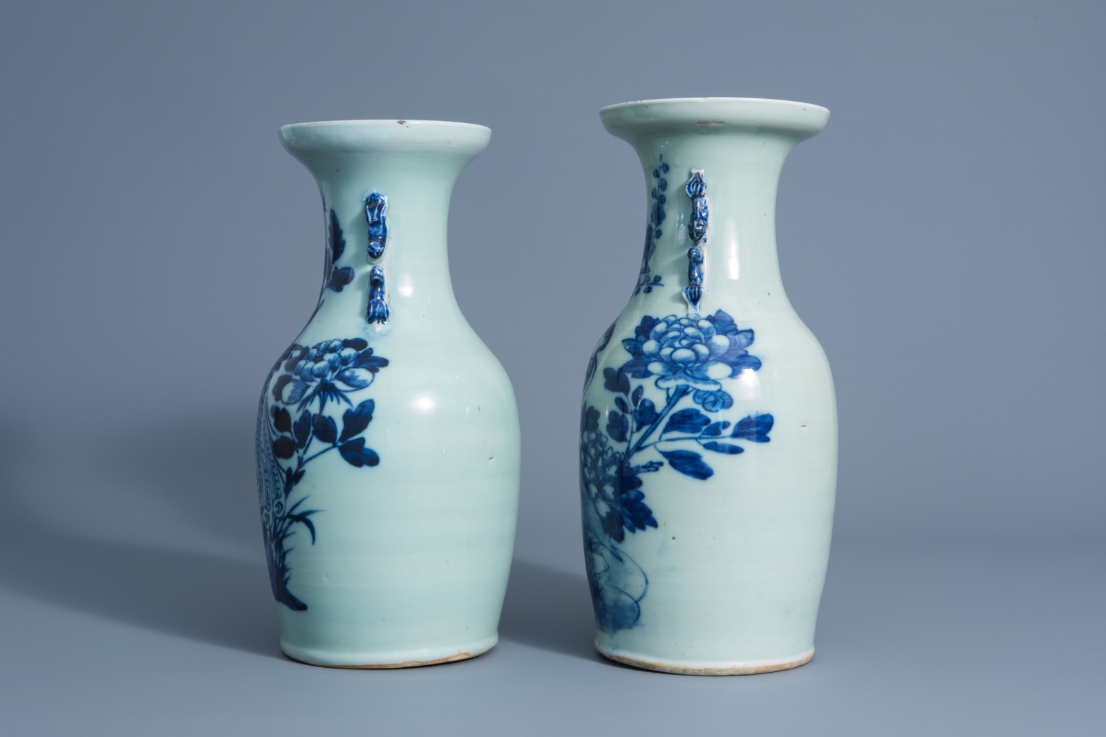 Two Chinese blue and white celadon vases with peacocks on a rock, 19th C. - Image 4 of 6