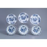 Six English and Dutch Delft blue and white plates with floral design, 18th C.