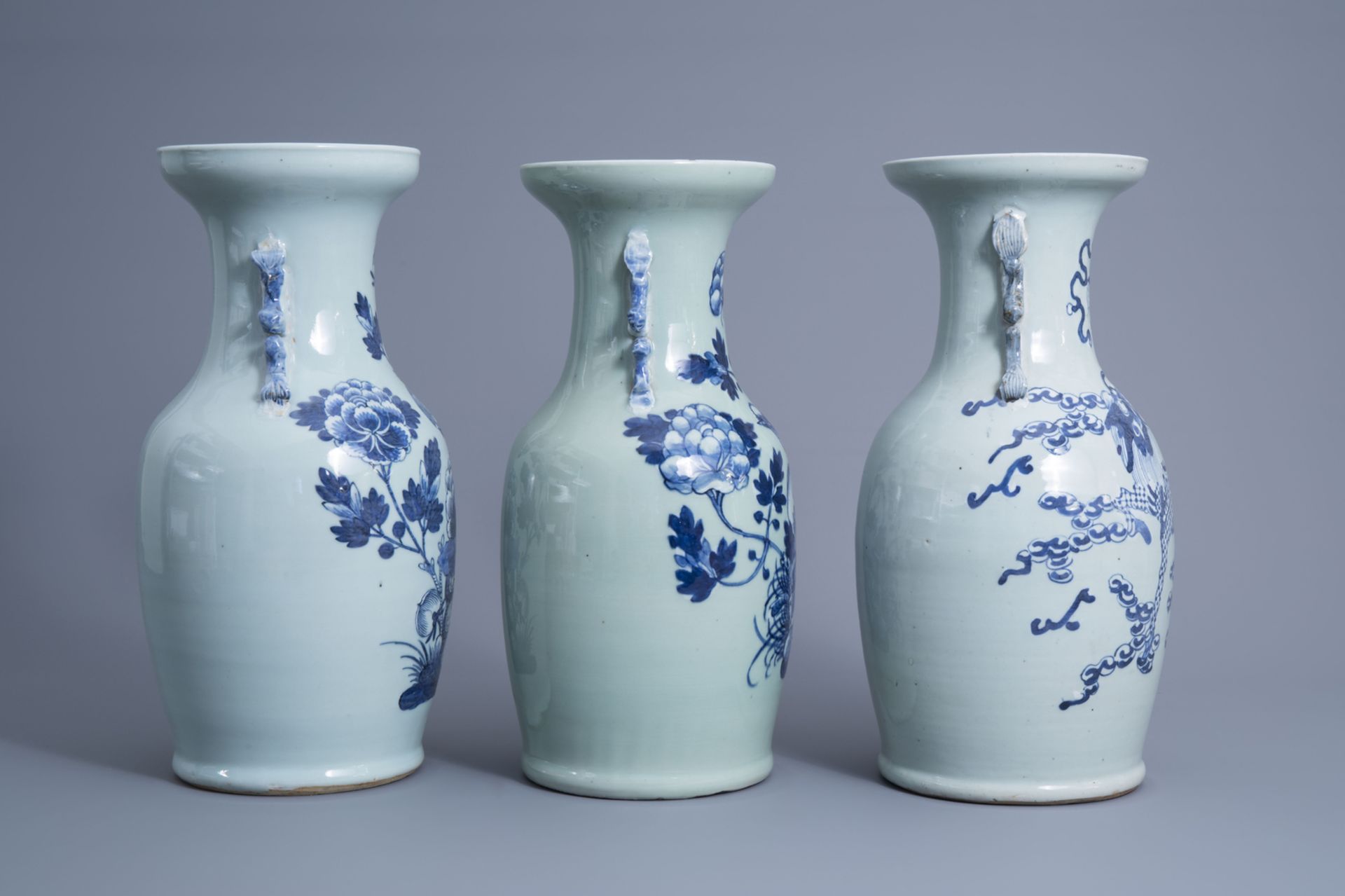 Three various Chinese blue and white celadon ground vases, 19th C. - Image 2 of 6