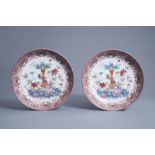 A pair of Chinese famille rose plates with antiquities and floral design, Wuchang Zhenpin mark, Repu