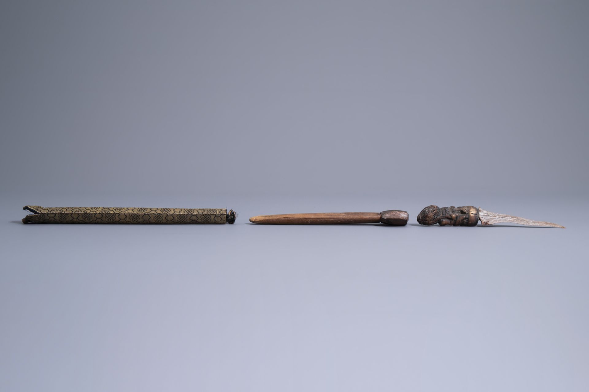 Three Tibetan miniature weapons, an Indonesian betel nut cracker and a kris, 19th/20th C. - Image 9 of 11