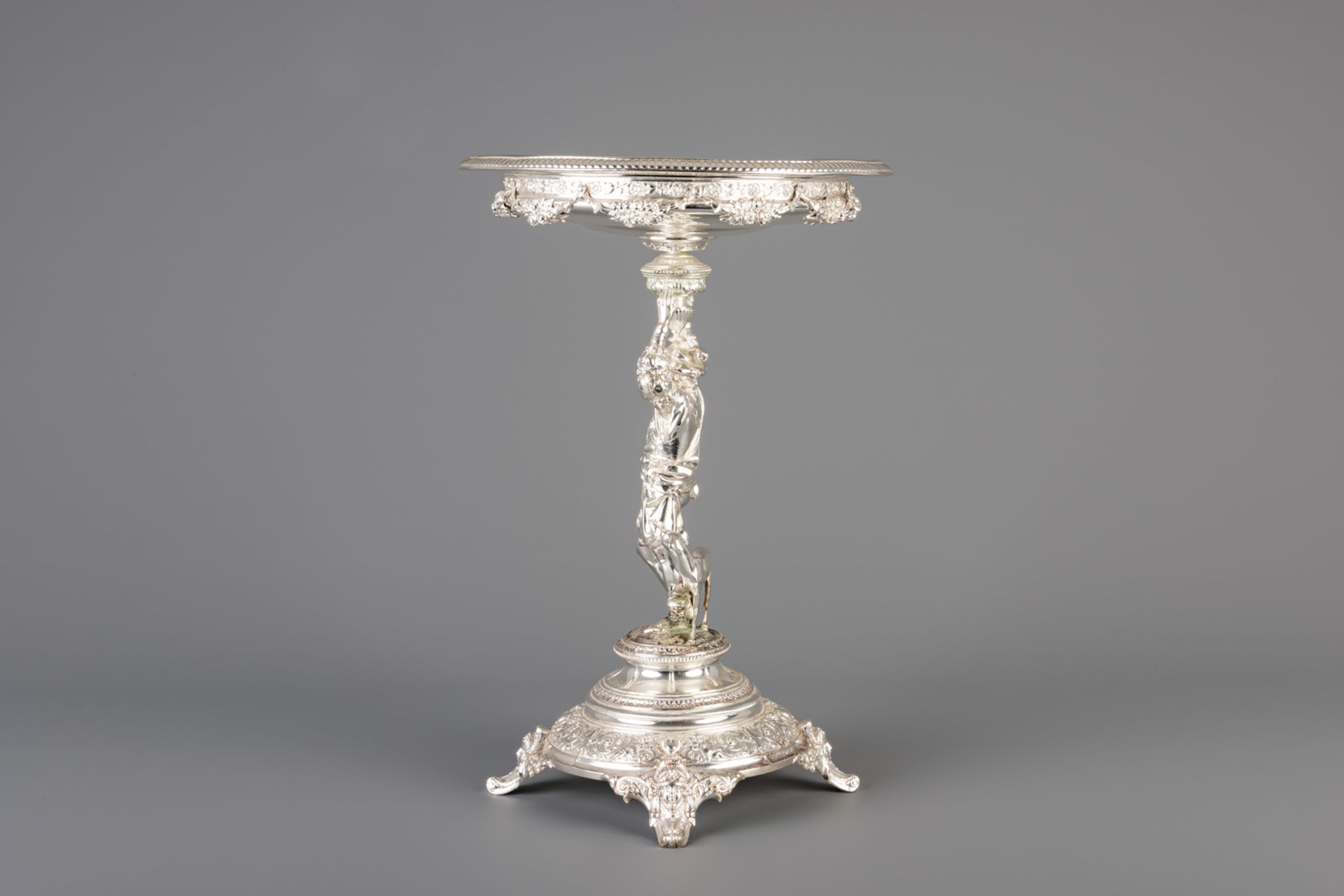 A German silver figural centerpiece with a nobleman and a greyhound during the hunt, 800/000, 19th C - Image 2 of 7