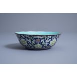 A Chinese blue ground lobed bowl with floral design, Daoguang mark and of the period