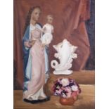 Hubert Malfait (1898-1971): Still life with Our Lady and Child and flowers, oil on canvas