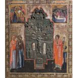 A large Russian Stavrotek icon with depictions of the descent from the cross and the entombment of C
