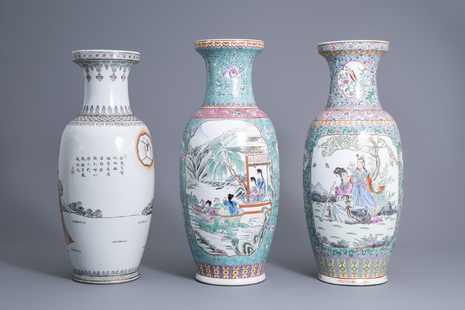 Four various Chinese famille rose and grisaille vases and a jar and cover with birds among flowering - Image 4 of 13