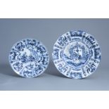 Two large Dutch Delft blue and white chinoiserie dishes, late 17th C.