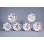 Six Chinese famille rose plates with flowers and antiquities, Qianlong