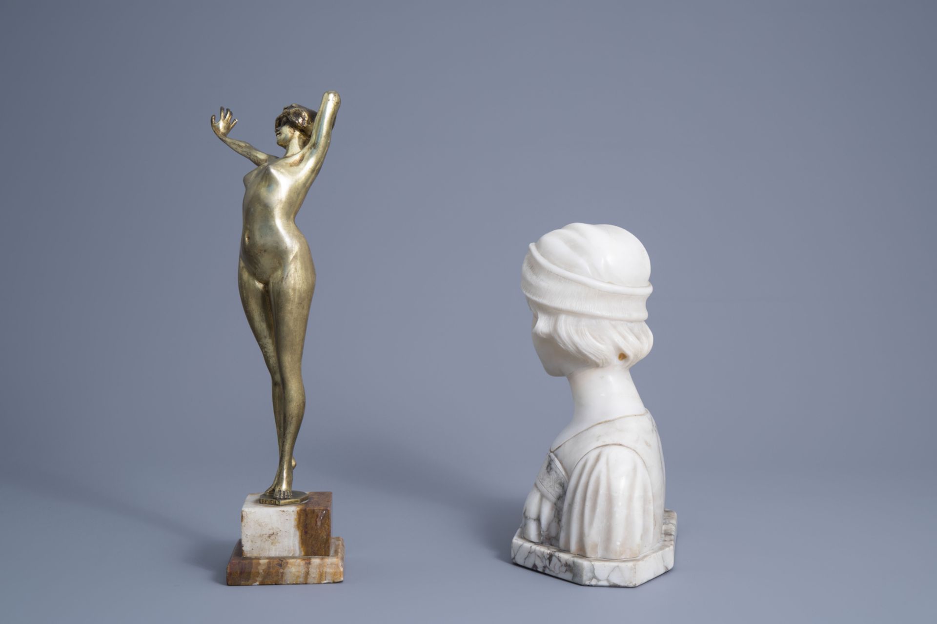 After Paul Philippe (1870-1930): 'RŽveil', gilt bronze on an onyx marble base and Georges Morin (187 - Image 5 of 9