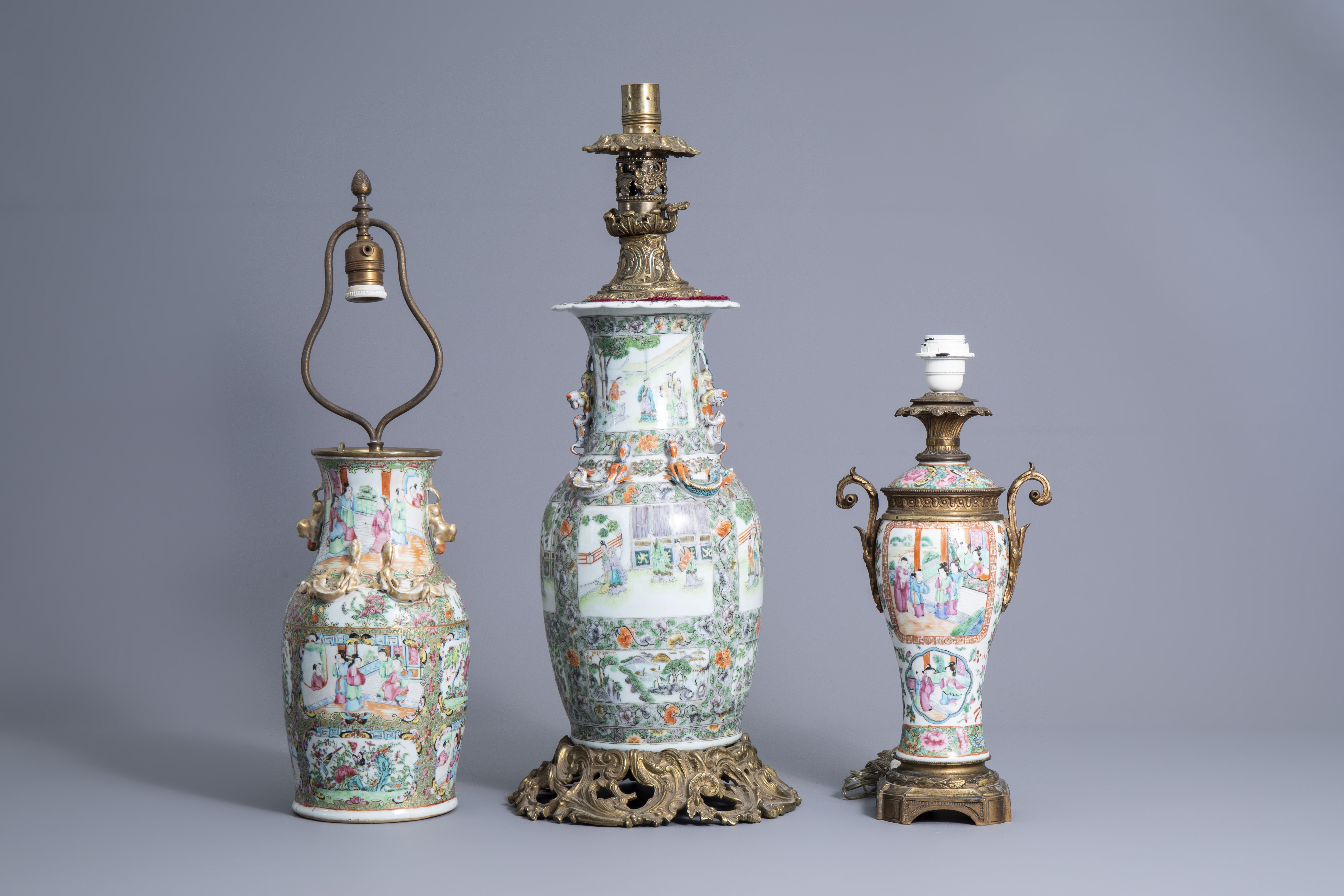 Three Chinese Canton famille rose and verte vases mounted as lamps, 19th C. - Image 2 of 2