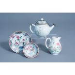 A Chinese grisaille teapot, a famille rose milk jug and a cup and saucer, Yongzheng/Qianlong
