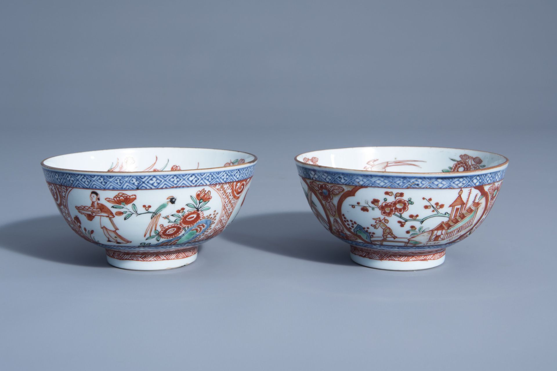 Two Dutch-decorated 'Amsterdams bont' blue and white Chinese bowls, Kangxi