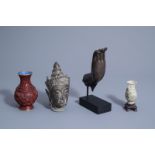Two Thai bronze sculptures and two Chinese vases in red lacquer and soapstone, 20th C.