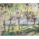 Paul Cauchie (1875-1952): Sun-drenched row of trees at the water, mixed media on board