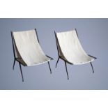 Attributed to Robert Mallet-Stevens (1886-1945): A pair of deckchairs in patinated metal and beige l