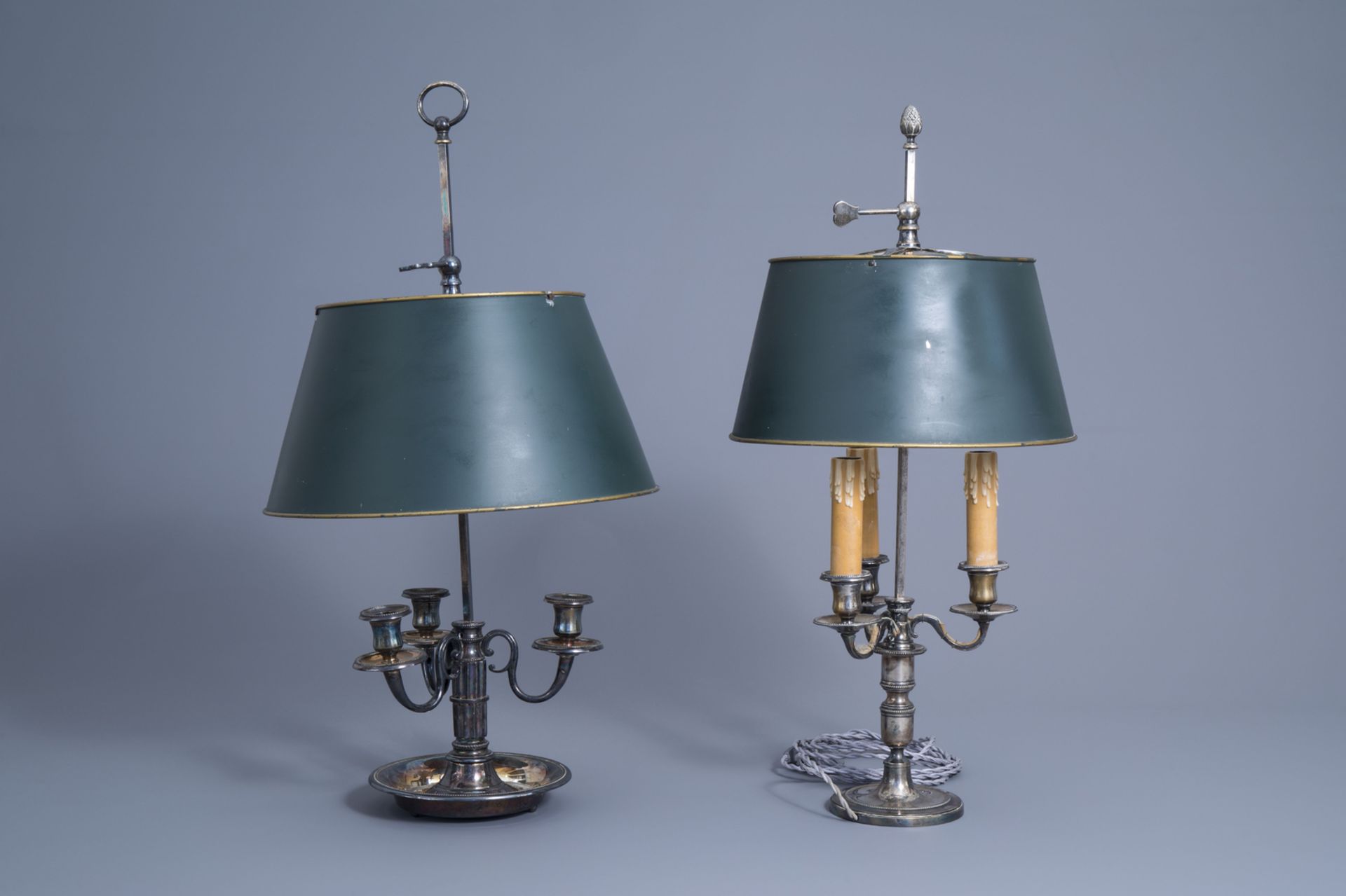 Two French silver plated Maison Charles bouillotte three-light lamps, third quarter of the 20th C. - Image 3 of 9