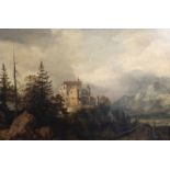 Dutch school: An animated mountain landscape with a castle converted into a church, oil on panel, 17