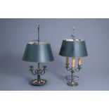 Two French silver plated Maison Charles bouillotte three-light lamps, third quarter of the 20th C.