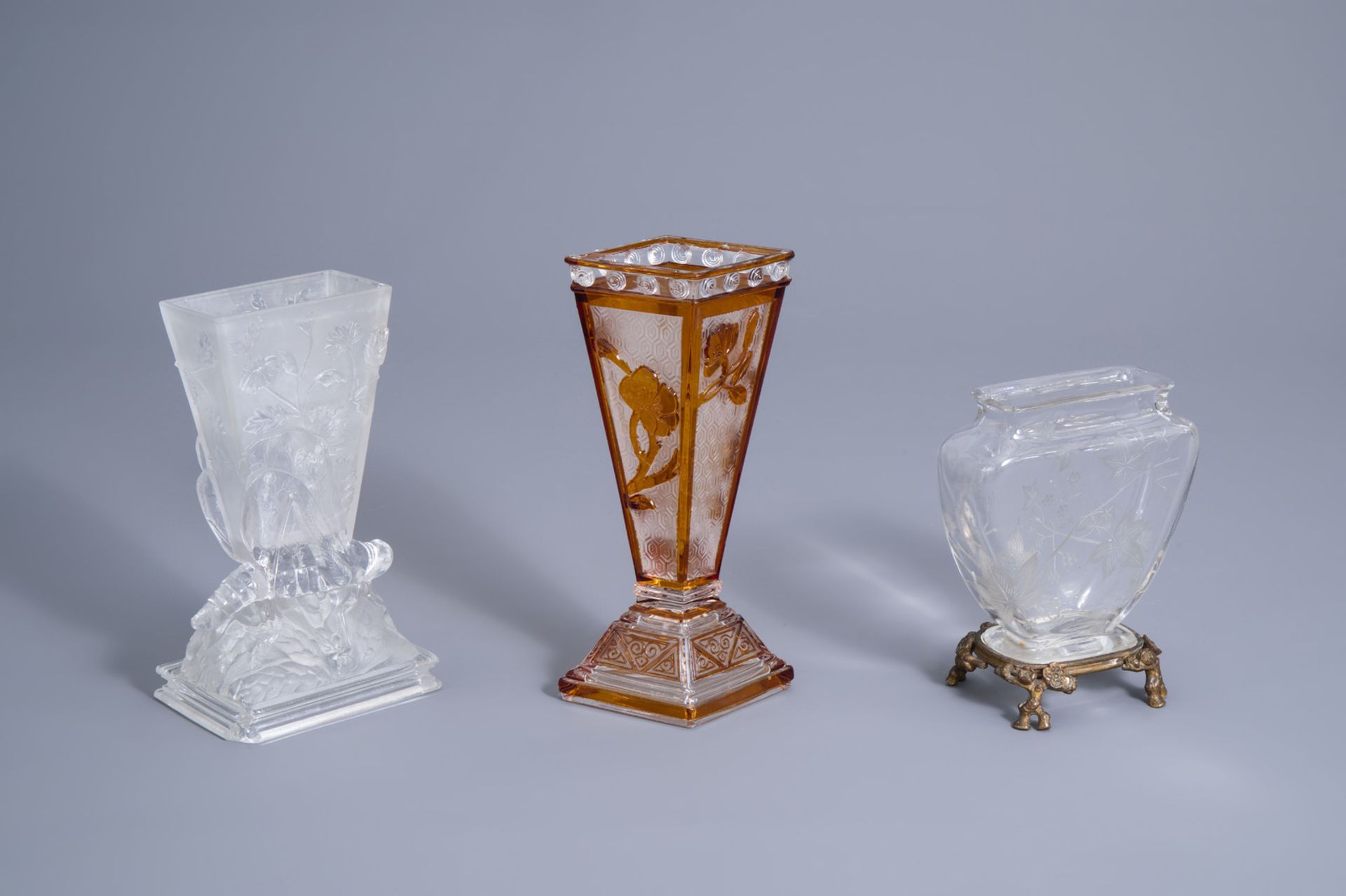 Three various French Baccarat glass vases with floral design, late 19th C.