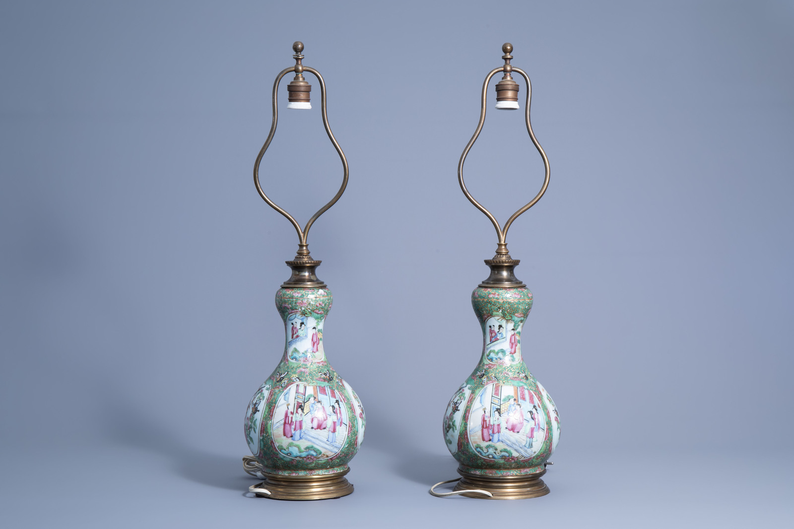 A pair of Chinese Canton famille rose double gourd vases mounted as lamps, 19th C. - Image 4 of 7