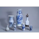 Six Chinese blue and white vases and one lamp mounted monochrome blue vase, Ming and later