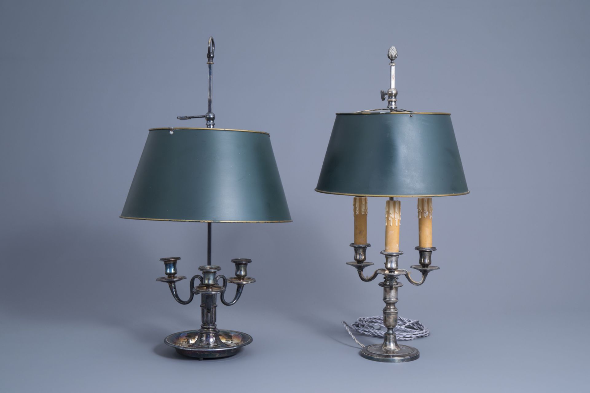 Two French silver plated Maison Charles bouillotte three-light lamps, third quarter of the 20th C. - Image 2 of 9