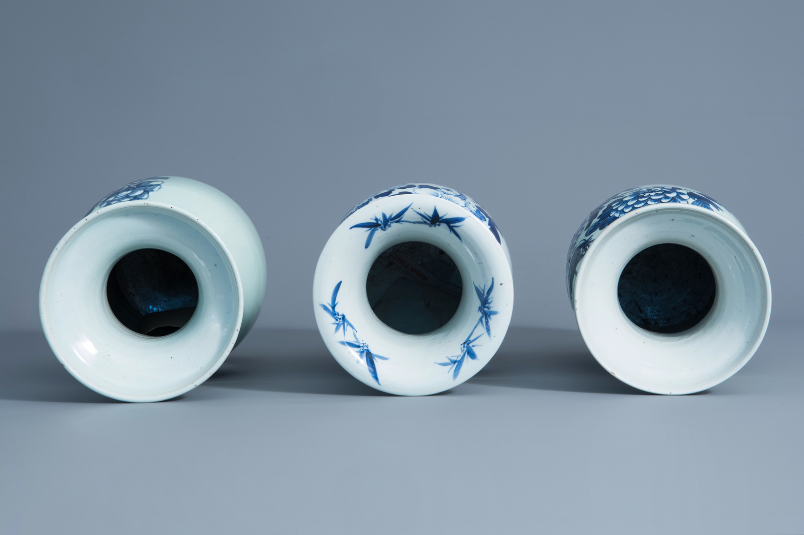 Three Chinese blue and white celadon vases with birds on a branch, 19th C. - Image 5 of 6