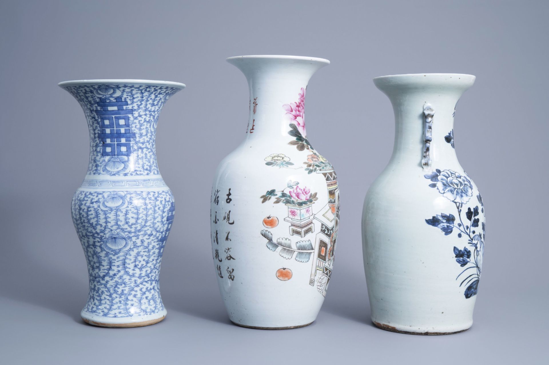 Three various Chinese blue, white and qianjiang cai vases, 19th/20th C. - Image 2 of 6