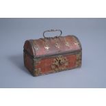 A French brass mounted and lined wooden jewelry or valuables box, 18th C.