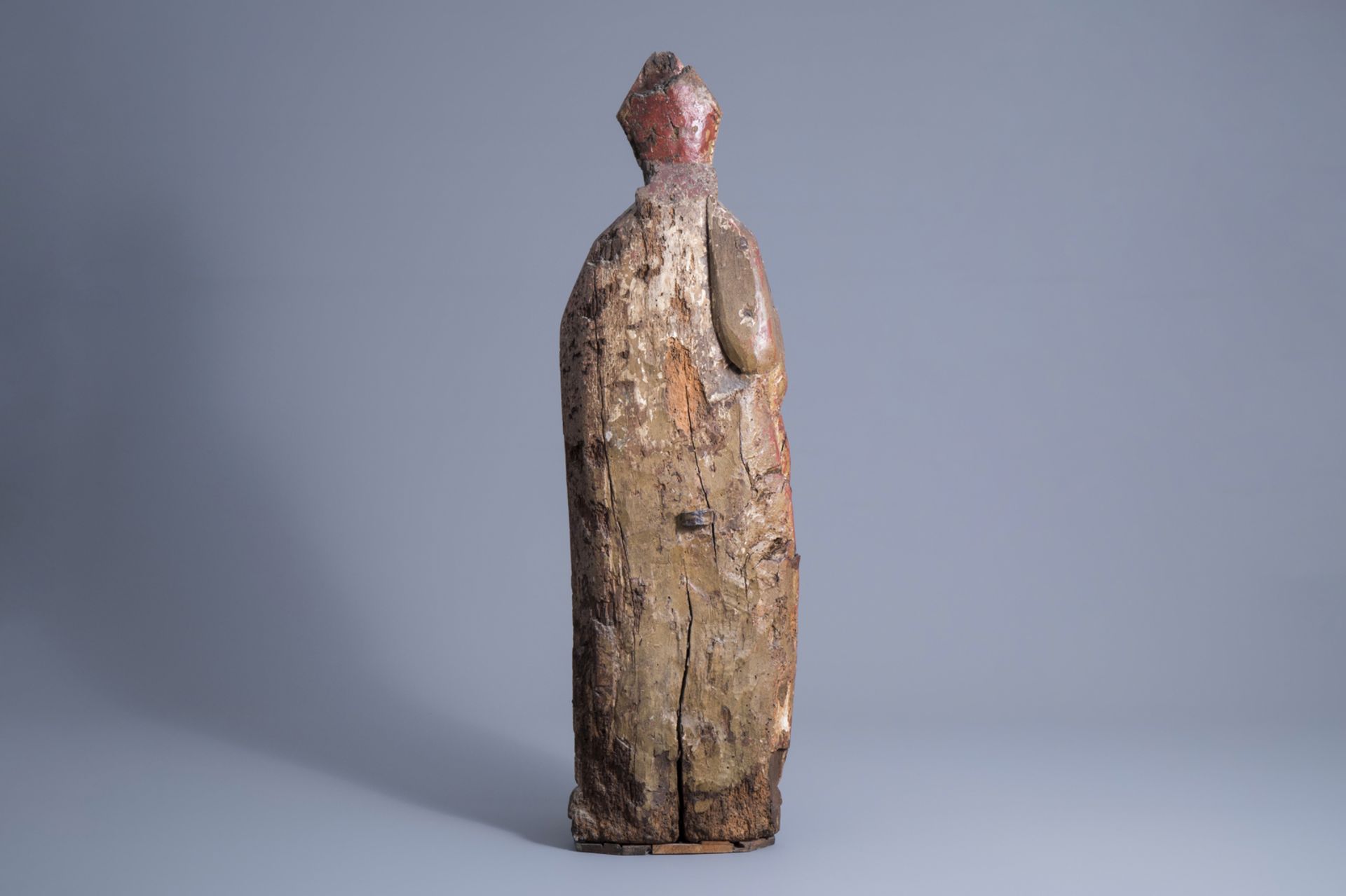 A carved, polychrome painted and gilt wooden figure of a bishop, Southern Netherlands, Flanders, 16t - Image 4 of 7