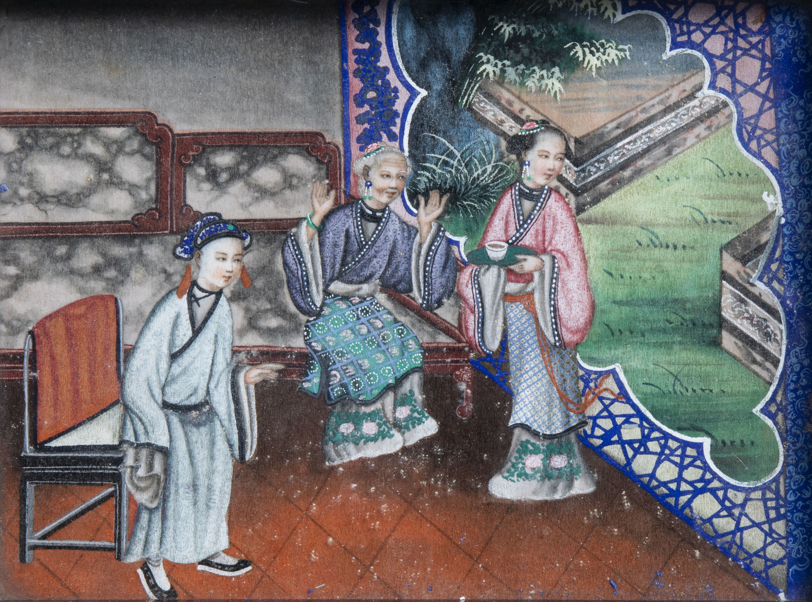 Canton school, China, 19th C., ink and colour on pith papier: Two figurative scenes and a pheasant i - Image 4 of 5