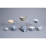 Seven Chinese blue and white bowls and covered boxes and one monochrome box and cover, Ming and late