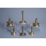 Six brass and bronze candlesticks, including two capstan candlesticks, 16th C. and later
