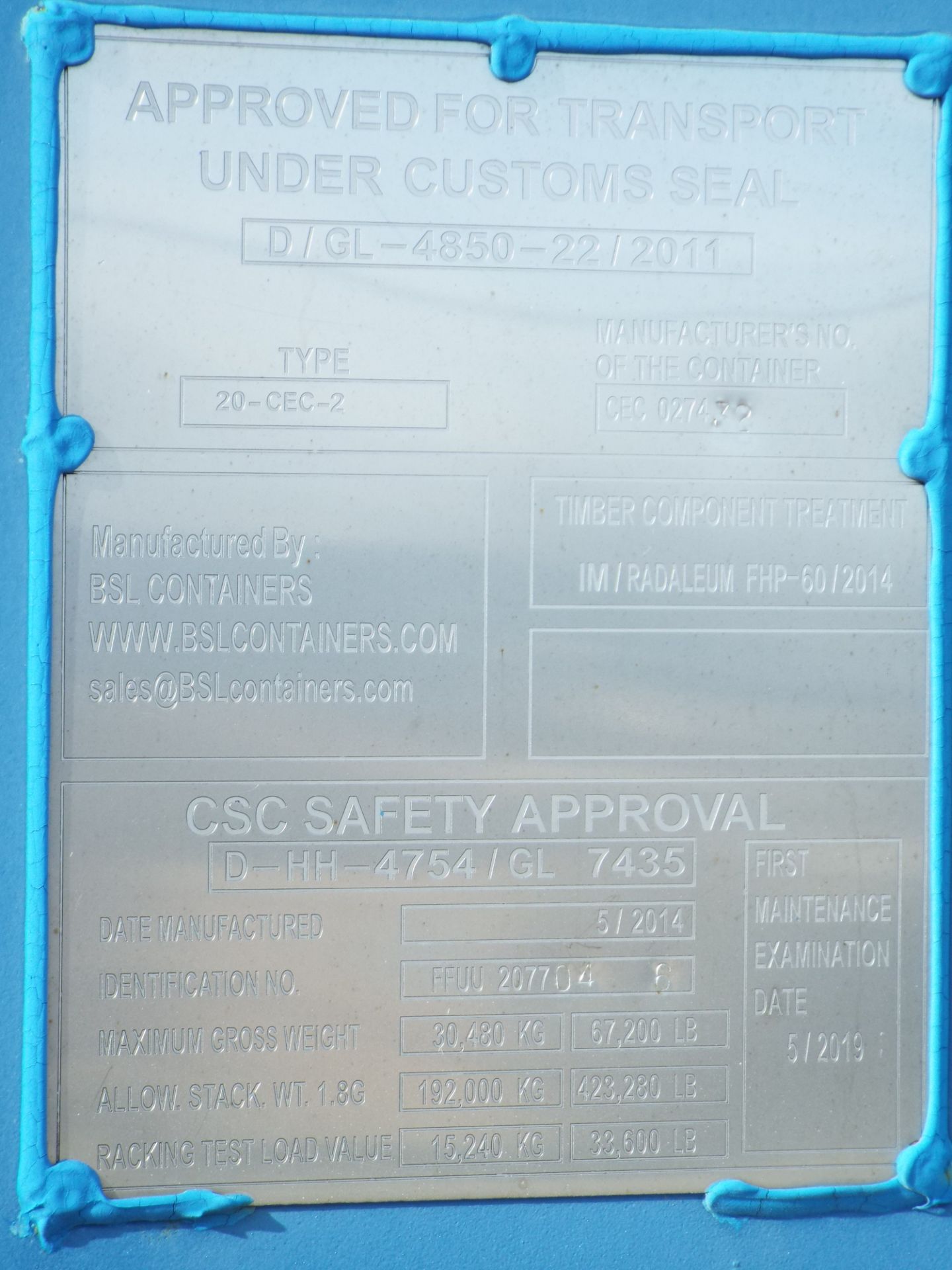 BLS CONTAINERS (2014) 20' SEA CONTAINER, S/N: CEC-027432 (CI) (DELAYED DELIVERY) - Image 3 of 3