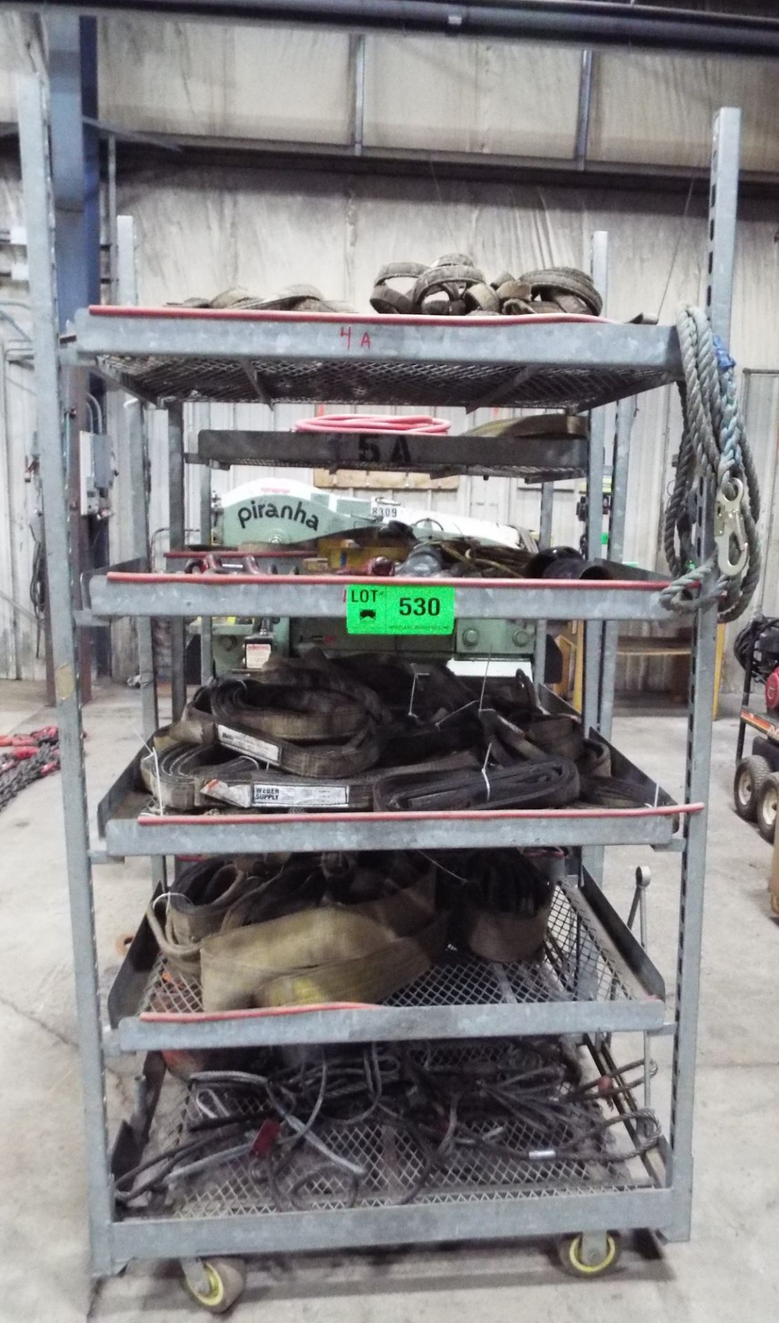 LOT/ ROLLING SHELF WITH LIFTING STRAPS, WIRE SLINGS, LIFTING SHACKLES, AND CHAIN HOISTS