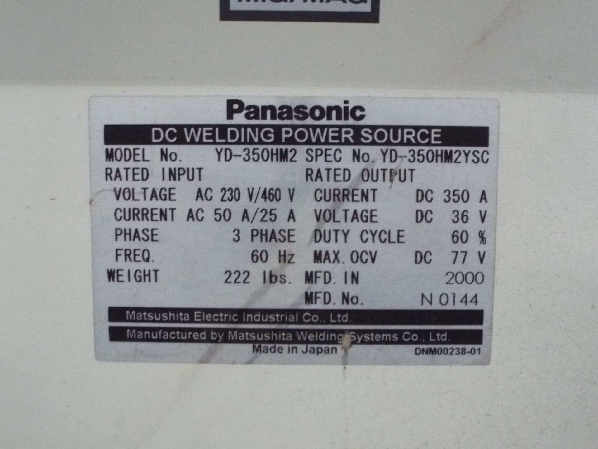 PANASONIC (2000) YD-350HM2 DIP PULSE DC WELDING POWER SOURCE, S/N: YD-350HM2YSC - Image 3 of 3