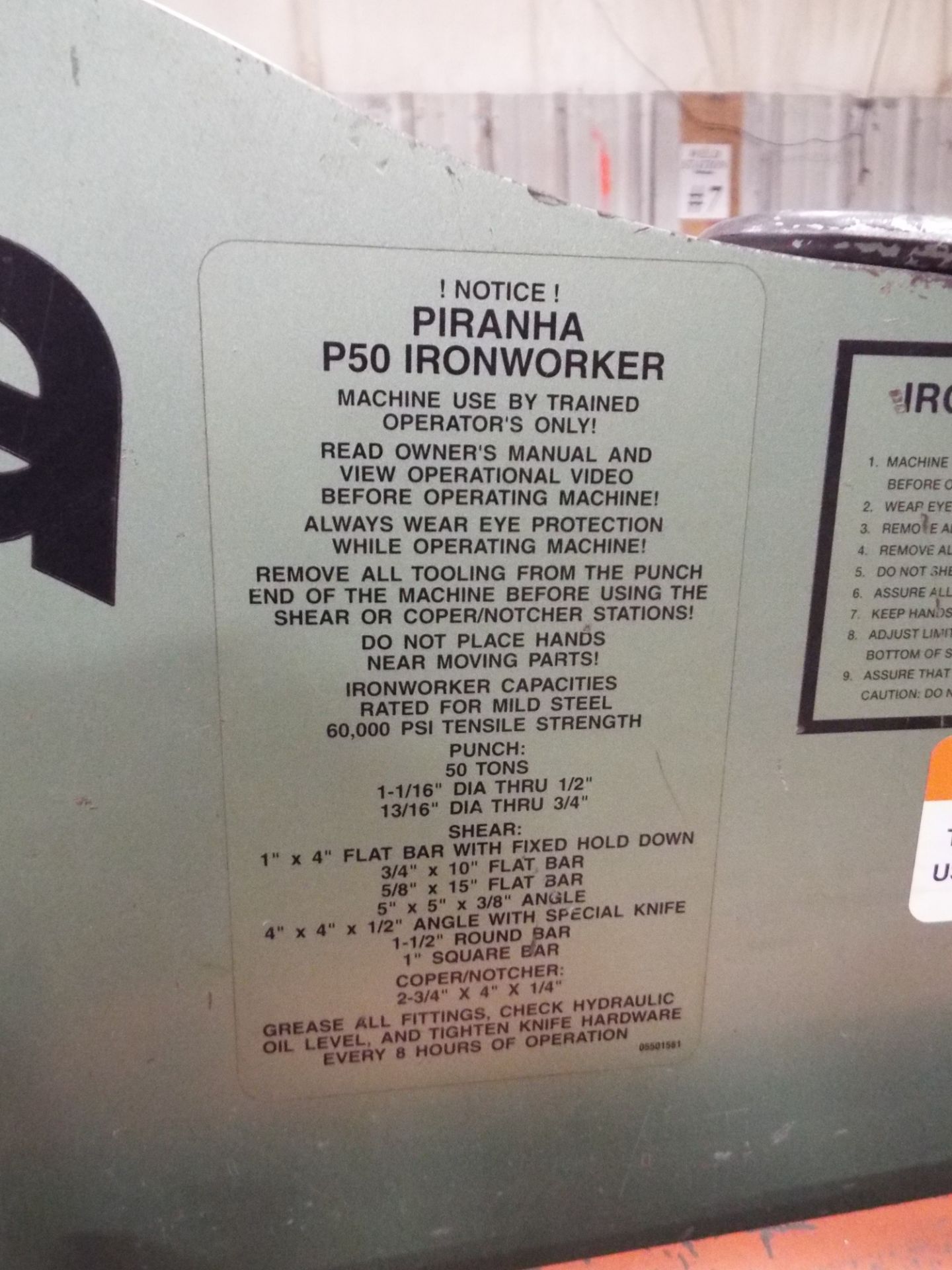 PIRANHA P50 HYDRAULIC IRON WORKER WITH 50 TON CAPACITY, 5" THROAT, 3.375" STROKE, 3 HP, PUNCH: 1-1/ - Image 5 of 6