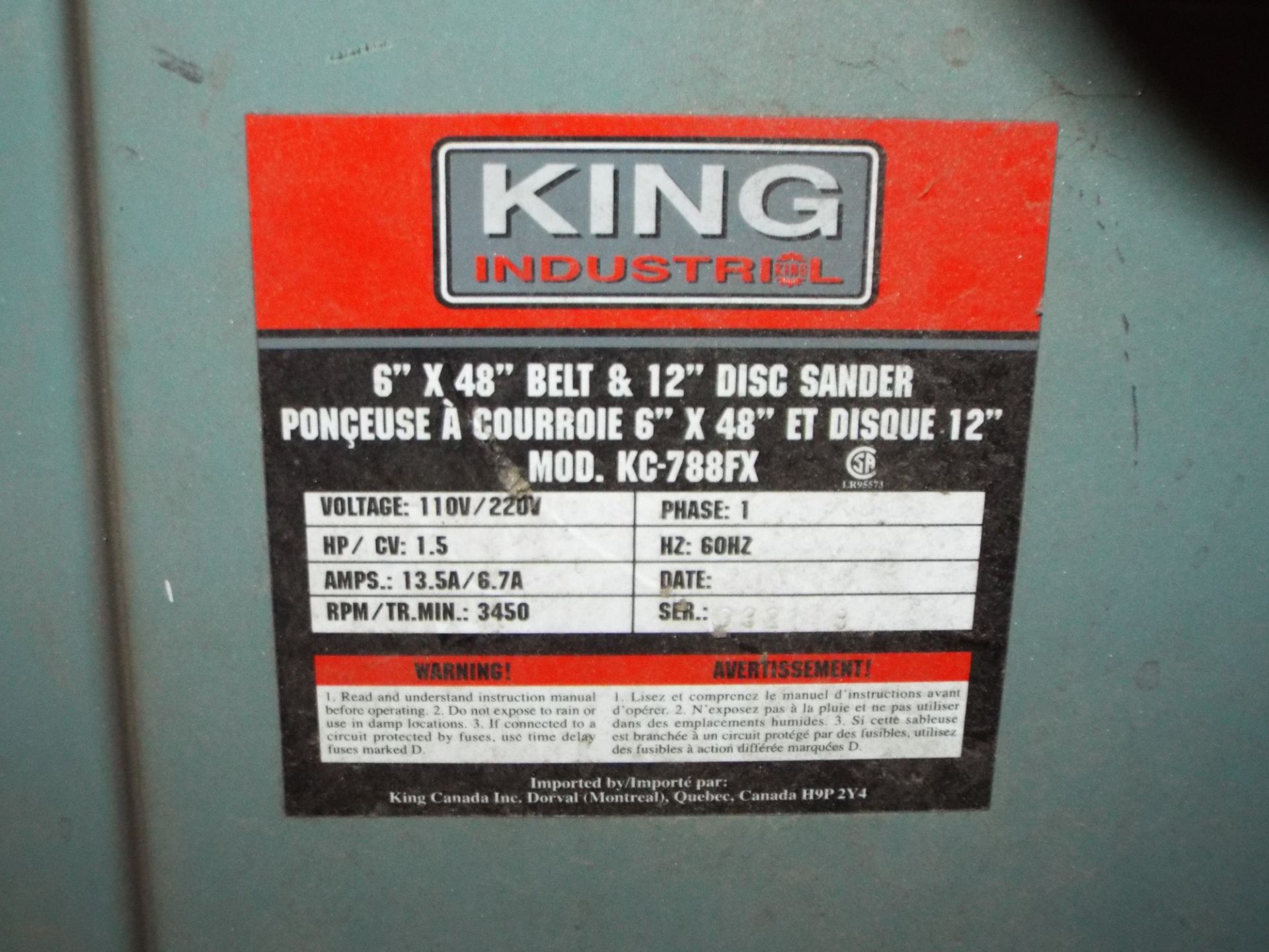 KING INDUSTRIAL KC-788FX COMBINATION SANDER WITH 12" DISC, 6" BELT, S/N: 032118 [RIGGING FEE FOR LOT - Image 3 of 3