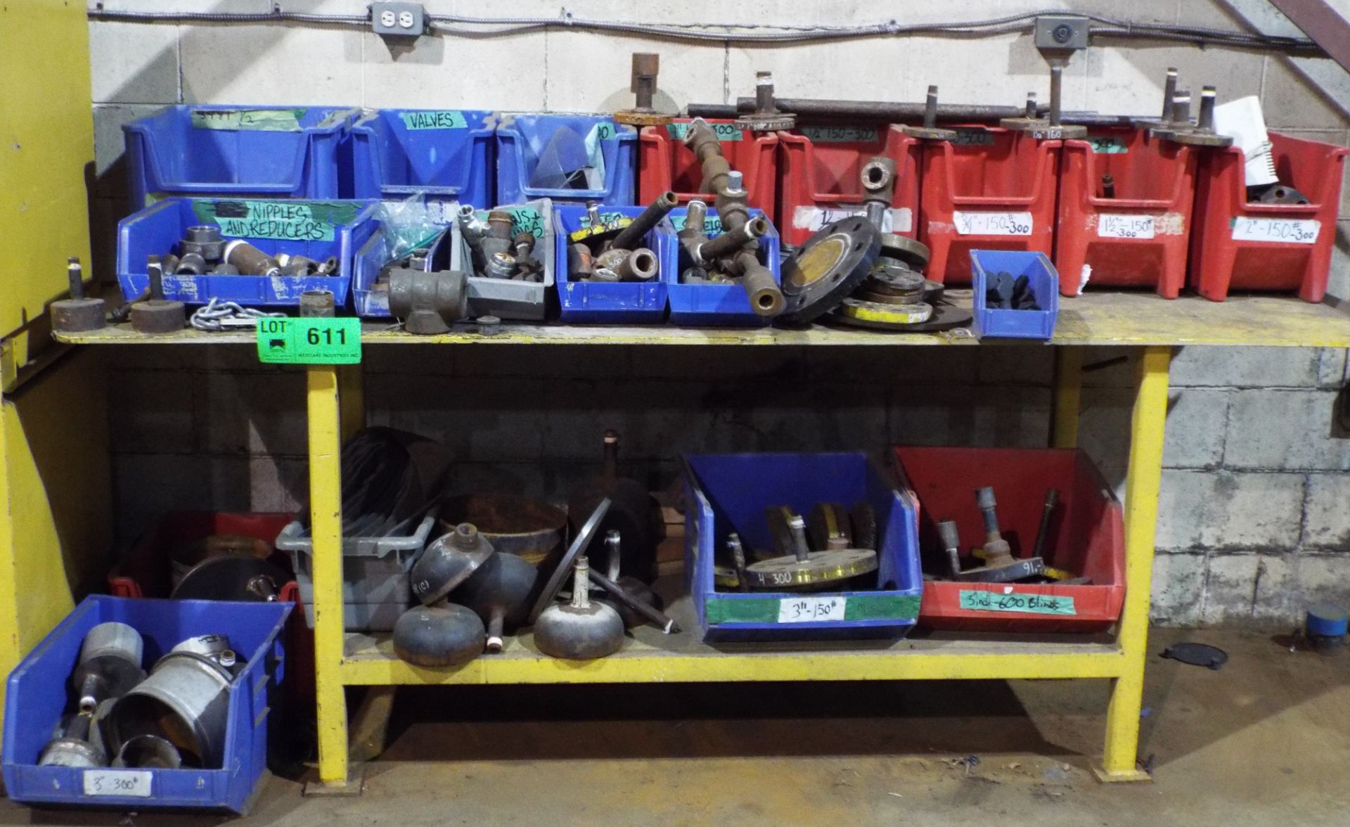 LOT/ STEEL SHOP TABLE WITH CONTENTS - PIPE FITTINGS, HARDWARE AND TEST FIXTURES