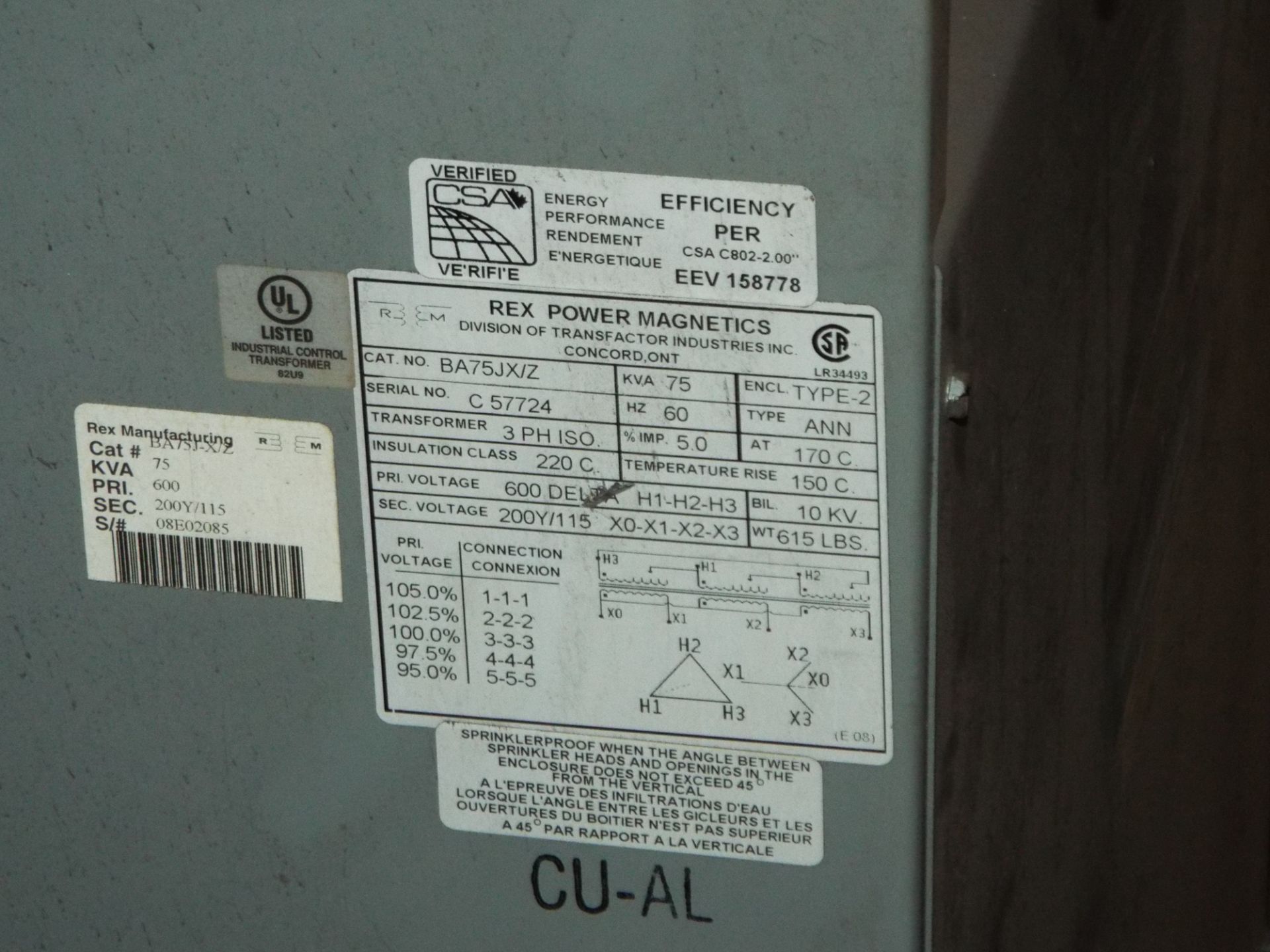 REX MANUFACTURING TRANSFORMER WITH 75 KVA, 600HV, 200Y/115LV, 3 PHASE (CI) [RIGGING FEE FOR LOT #229 - Image 2 of 2