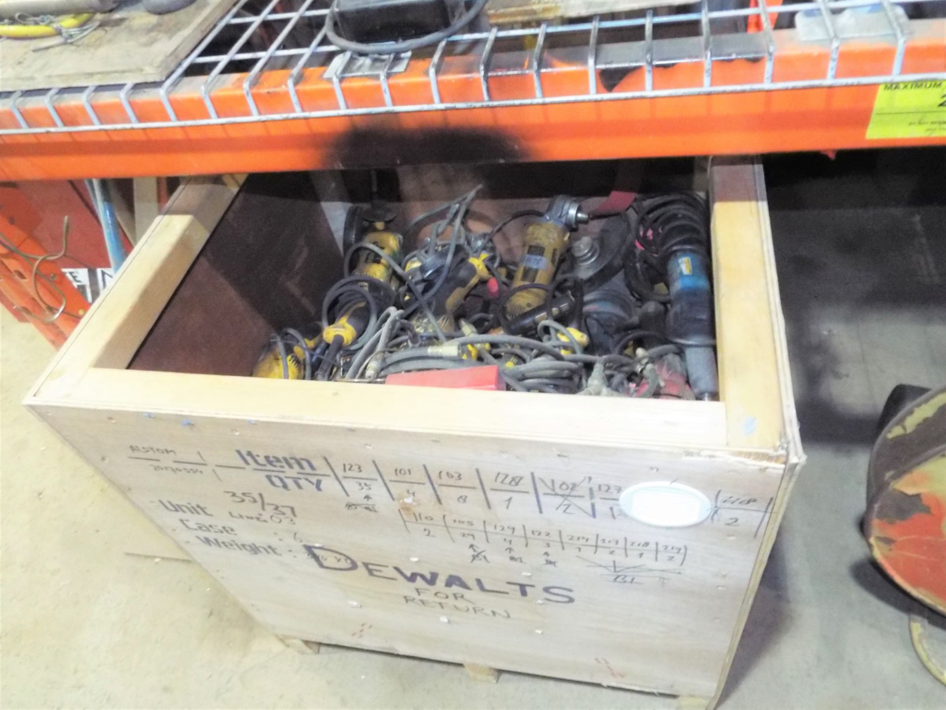 LOT/ CONTENTS OF RACK INCLUDING STRAPPING CADDY, OXY-ACET HOSE, AND DEWALT GRINDERS - Image 3 of 5