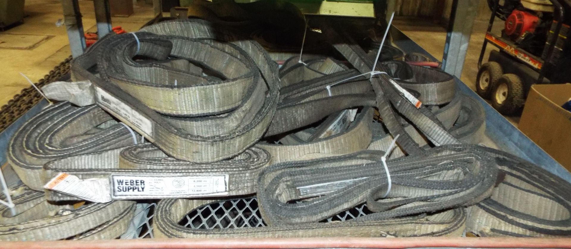 LOT/ ROLLING SHELF WITH LIFTING STRAPS, WIRE SLINGS, LIFTING SHACKLES, AND CHAIN HOISTS - Image 3 of 6