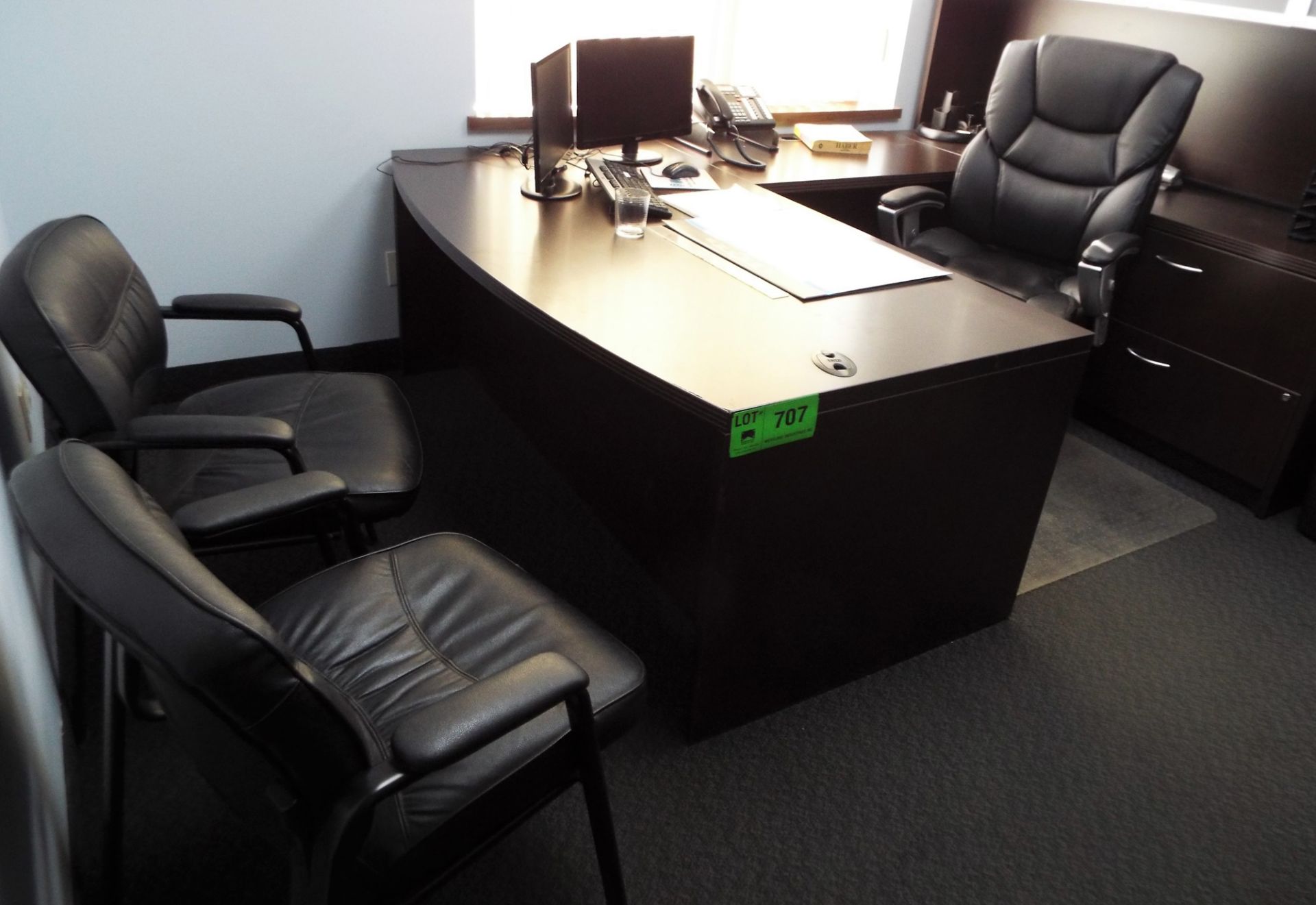 LOT/ CONTENTS OF OFFICE (FURNITURE ONLY) INCLUDING U-SHAPED DESK WITH BUILT IN FILE CABINET AND